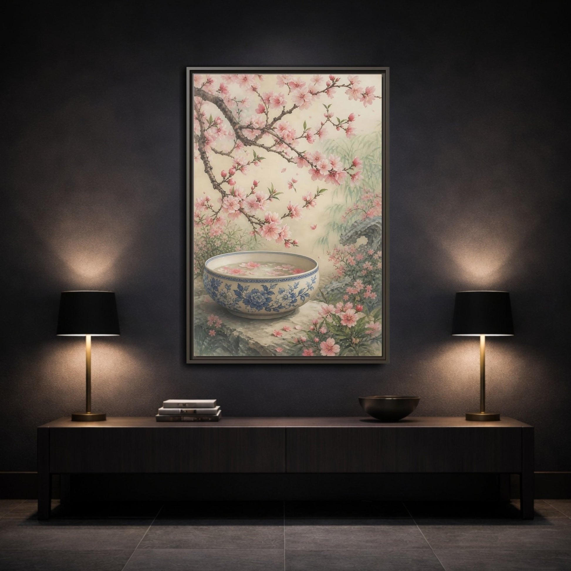 Floral Cherry Blossoms Pink Framed Canvas Print – Traditional Asian Decor for Living Room, Above Sofa - YesArtYes