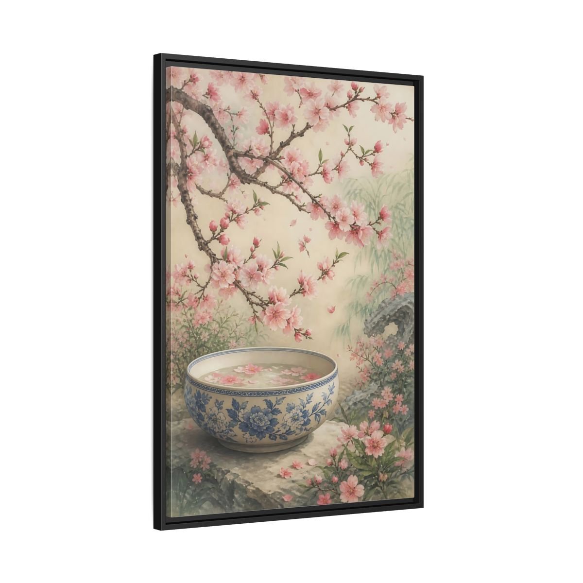 Floral Cherry Blossoms Pink Framed Canvas Print – Traditional Asian Decor for Living Room, Above Sofa - YesArtYes