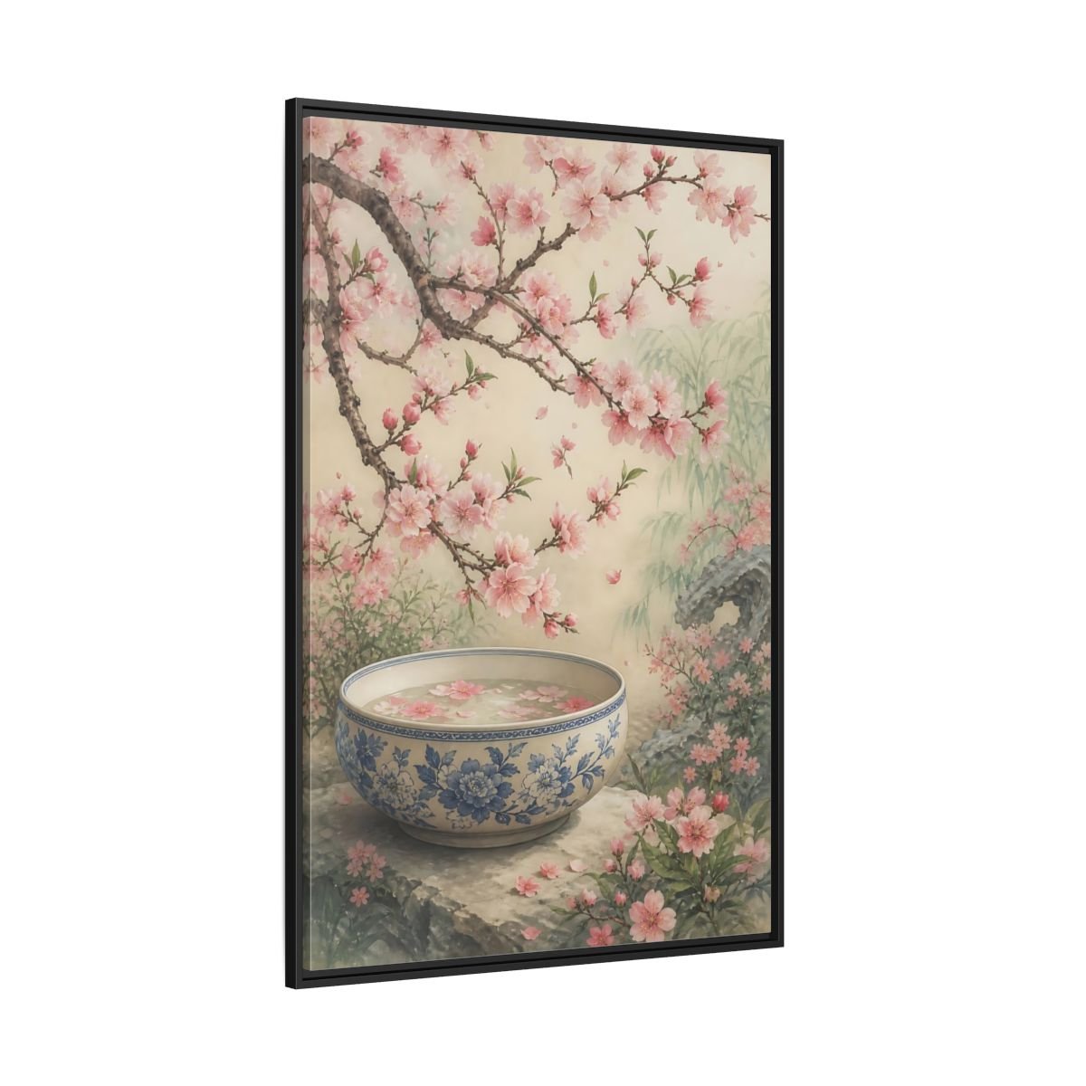 Floral Cherry Blossoms Pink Framed Canvas Print – Traditional Asian Decor for Living Room, Above Sofa - YesArtYes