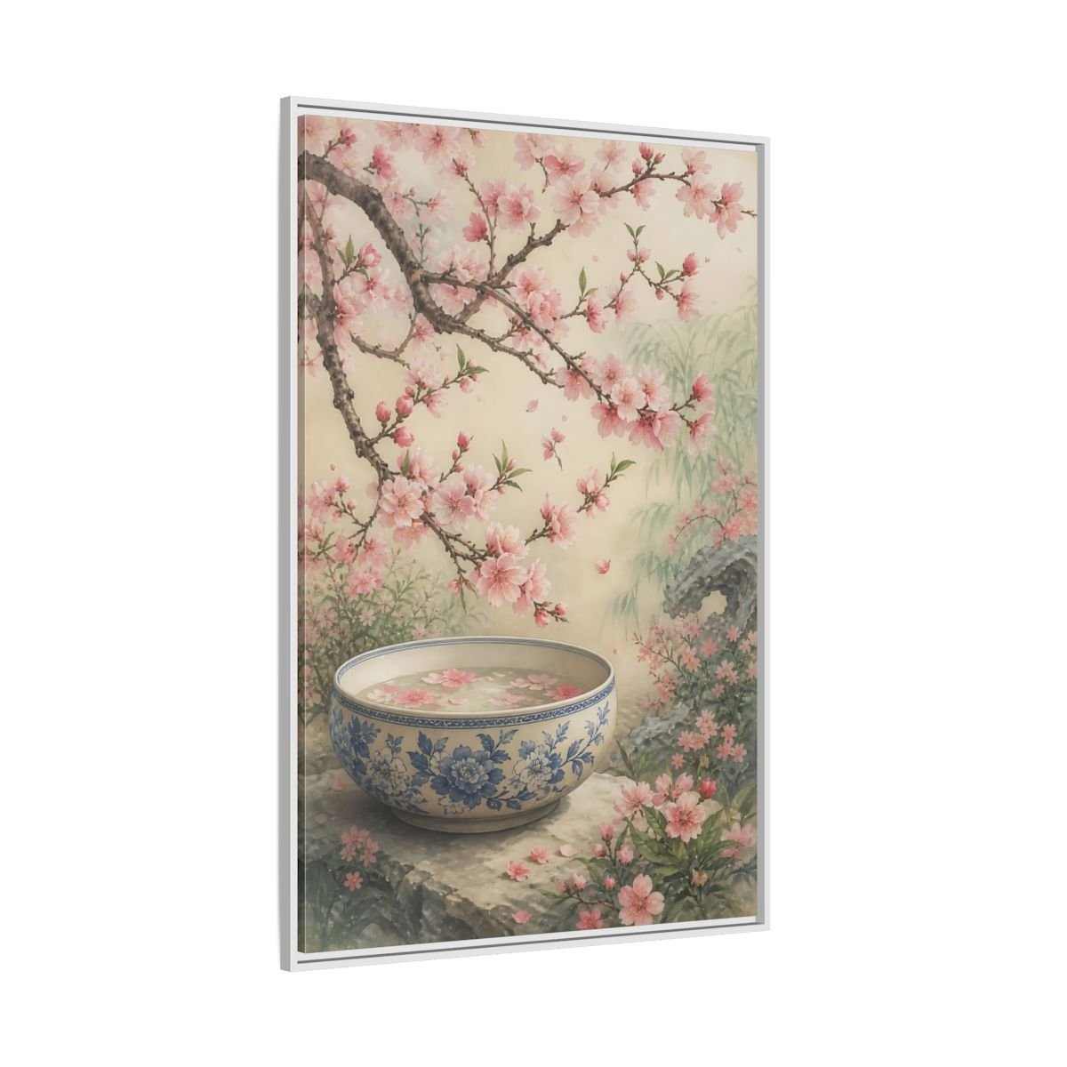 Floral Cherry Blossoms Pink Framed Canvas Print – Traditional Asian Decor for Living Room, Above Sofa - YesArtYes