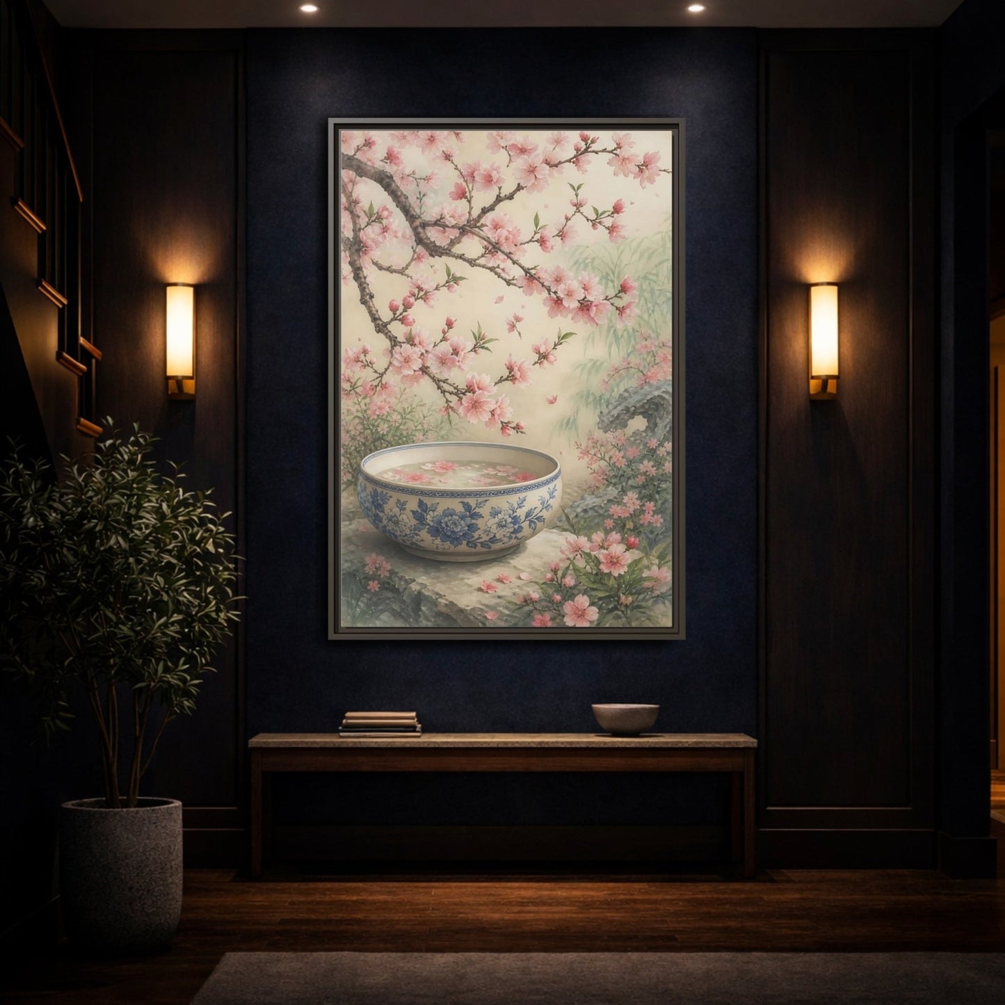 Floral Cherry Blossoms Pink Framed Canvas Print – Traditional Asian Decor for Living Room, Above Sofa - YesArtYes