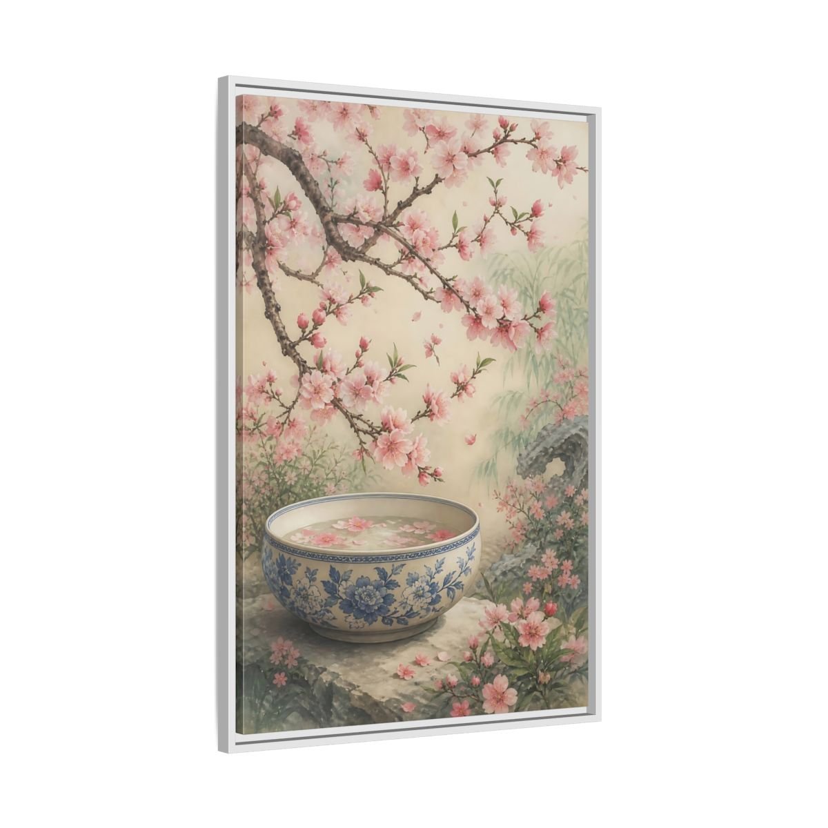 Floral Cherry Blossoms Pink Framed Canvas Print – Traditional Asian Decor for Living Room, Above Sofa - YesArtYes