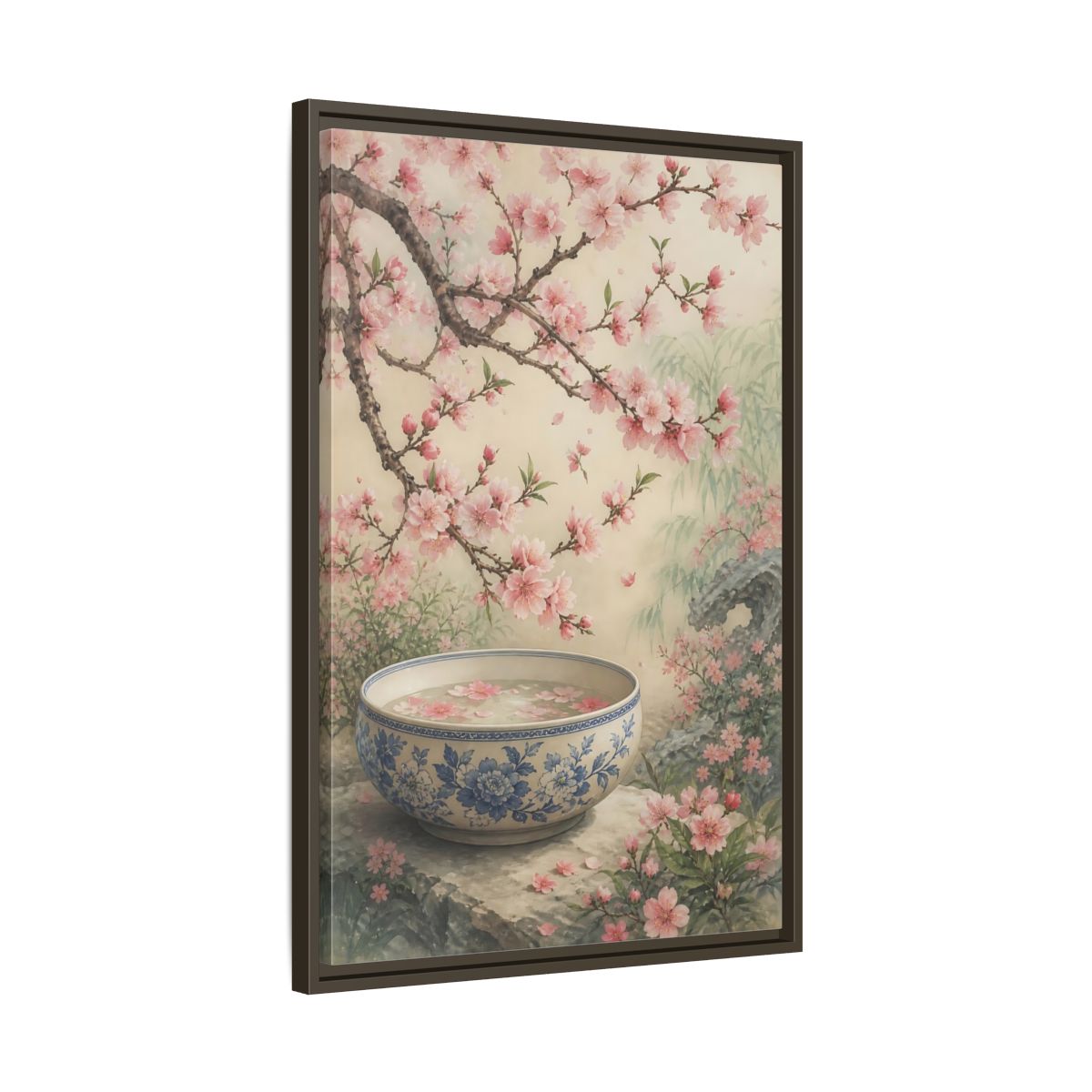 Side Mockup 11. Floral Cherry Blossoms Pink Cherry Blossom shown as framed canvas print