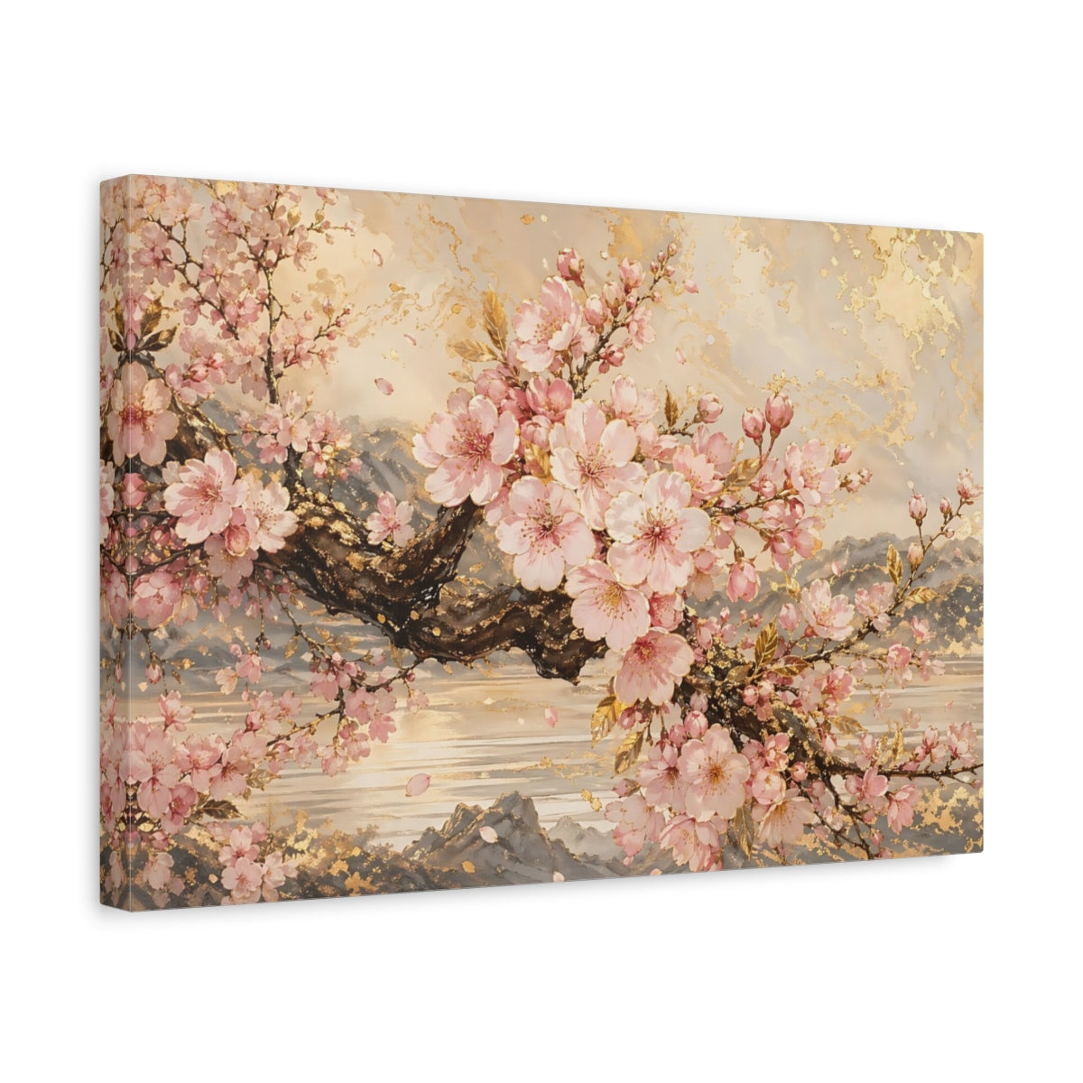 Side Mockup 4. Floral Cherry Blossoms Pink Gold Floral shown as stretched canvas wall art