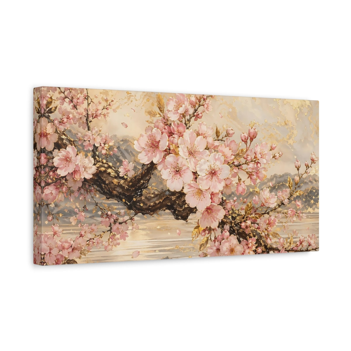 Side Mockup 3. Floral Cherry Blossoms Pink Gold Floral shown as stretched canvas wall art