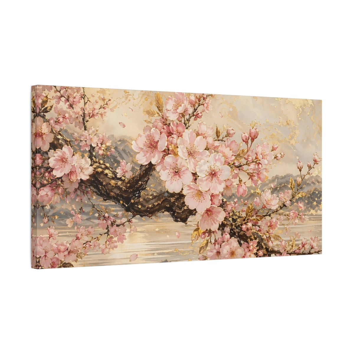 Side Mockup 1. Floral Cherry Blossoms Pink Gold Floral shown as stretched canvas wall art