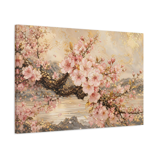 Main Mockup. Floral Cherry Blossoms Pink Gold Floral shown as stretched canvas wall art