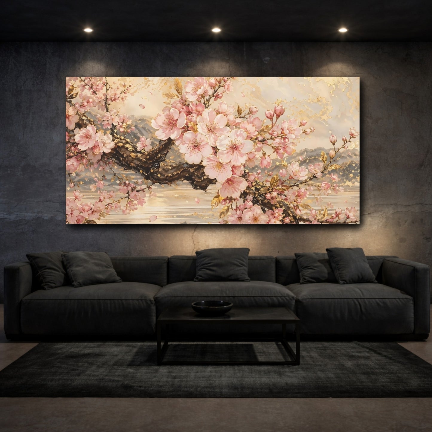 Mockup 2. Floral Cherry Blossoms Pink Gold Floral shown as stretched canvas wall art