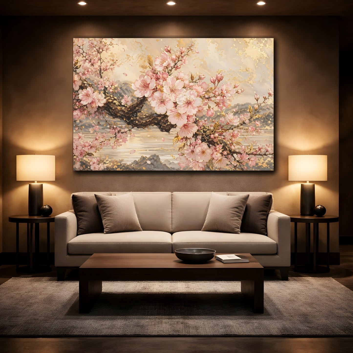 Mockup 2. Floral Cherry Blossoms Pink Gold Floral shown as stretched canvas wall art