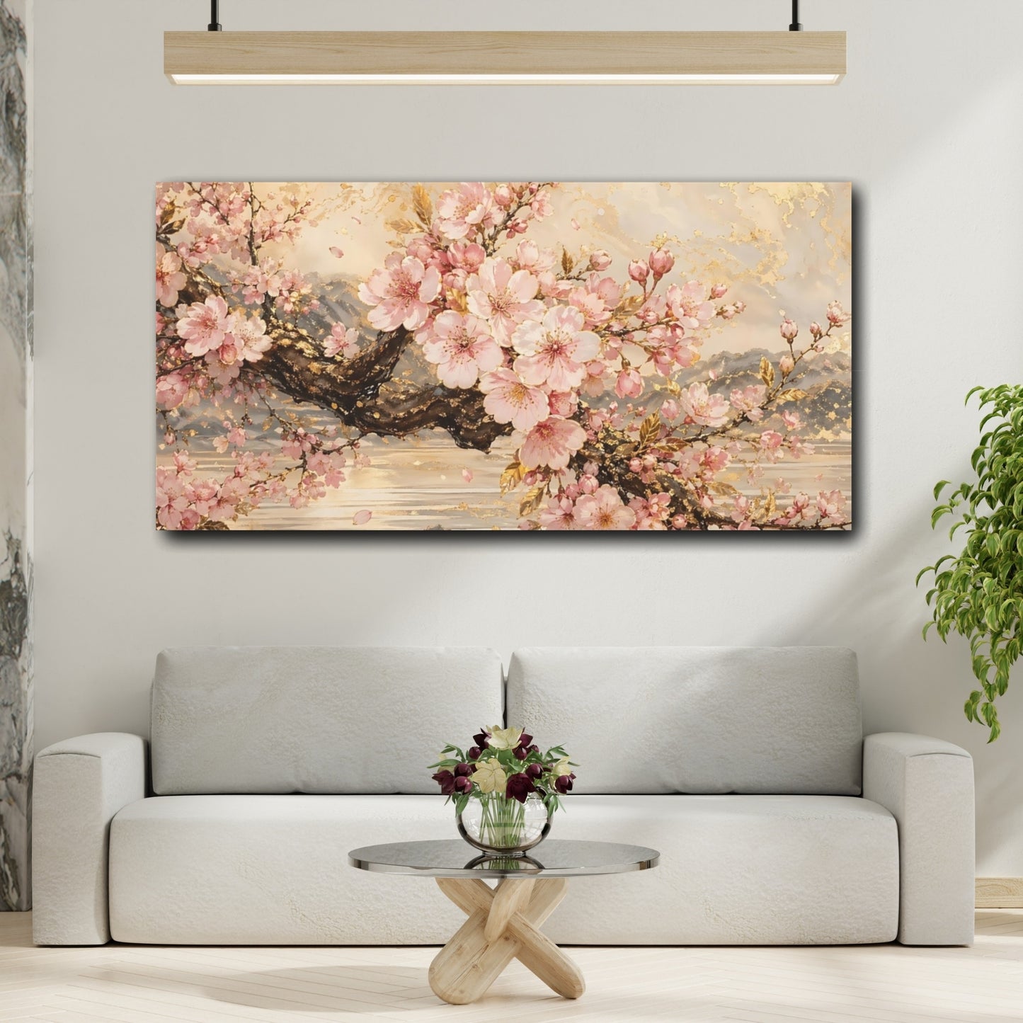 Mockup 3. Floral Cherry Blossoms Pink Gold Floral shown as stretched canvas wall art