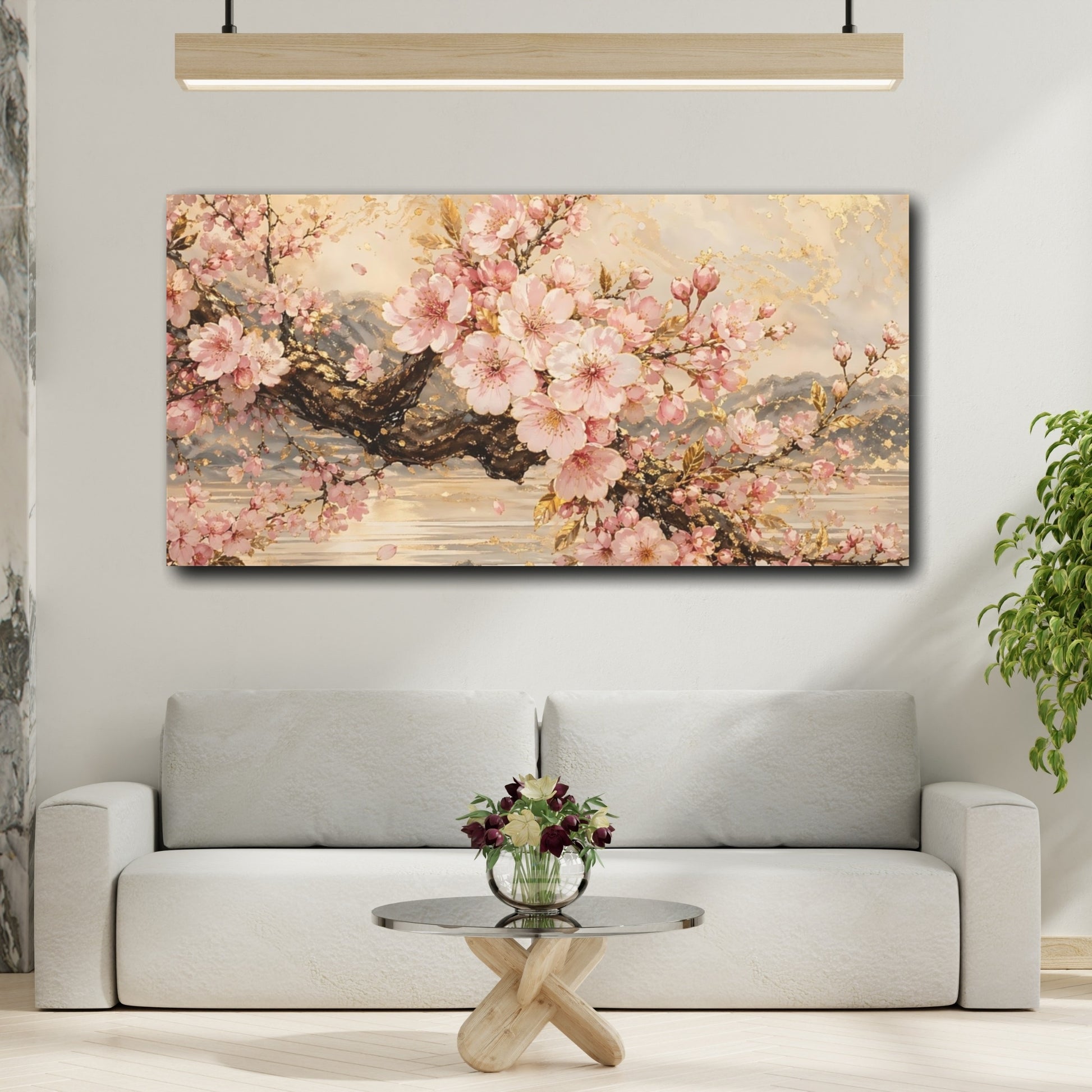 Mockup 3. Floral Cherry Blossoms Pink Gold Floral shown as stretched canvas wall art