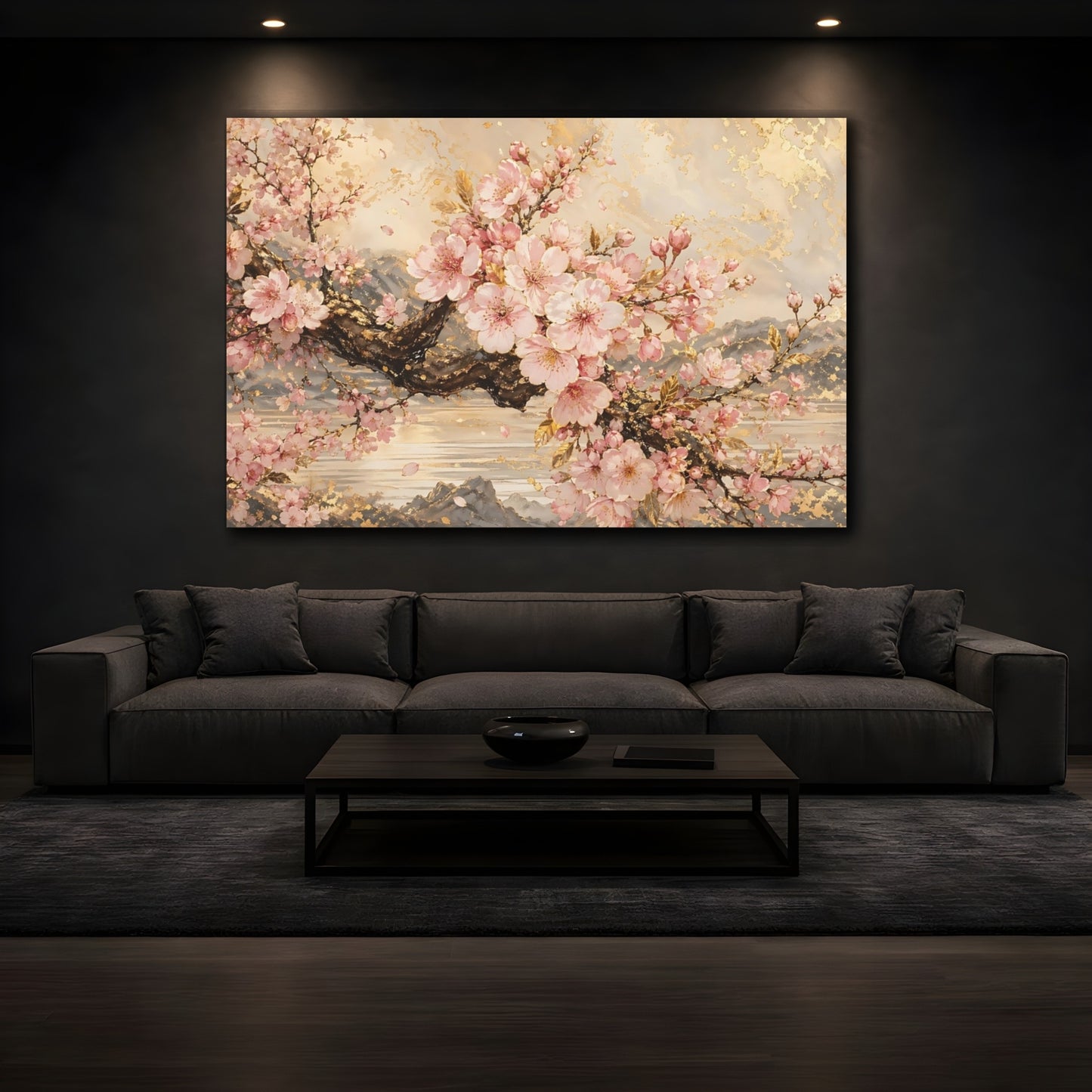 Mockup 3. Floral Cherry Blossoms Pink Gold Floral shown as stretched canvas wall art