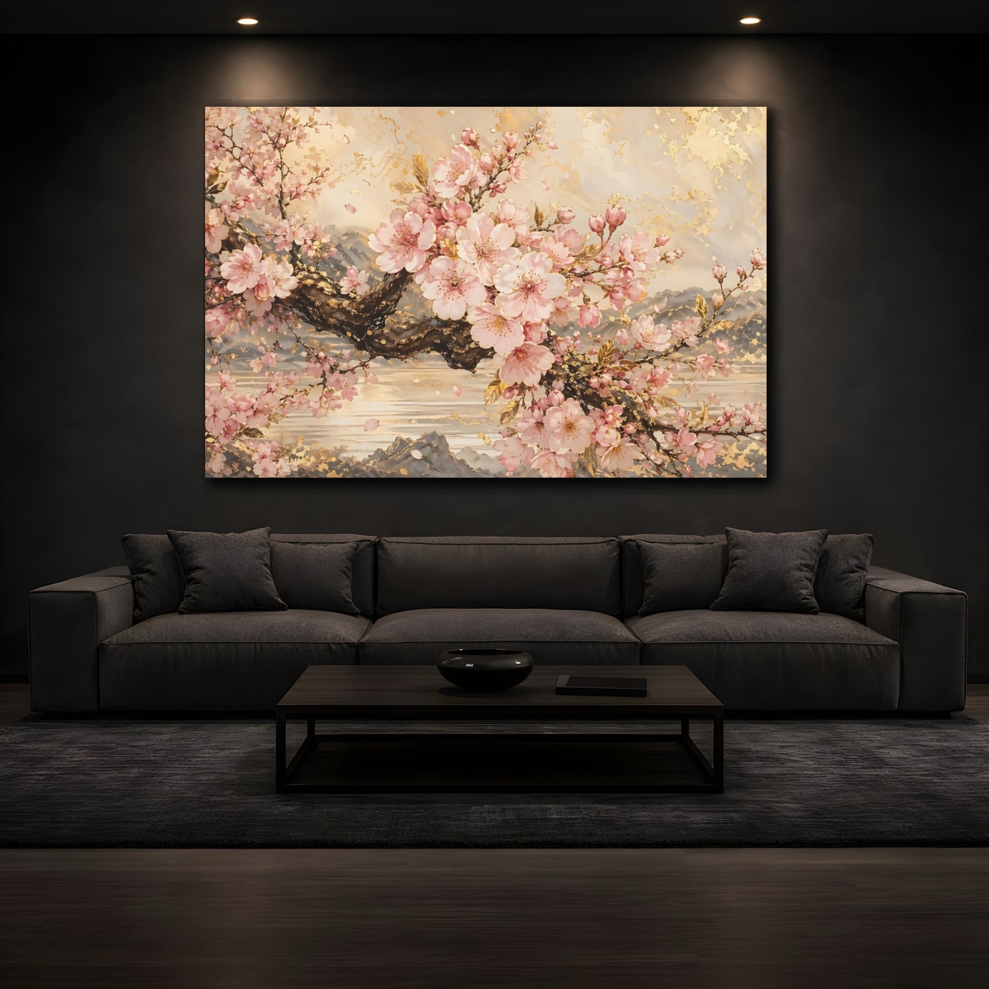 Mockup 3. Floral Cherry Blossoms Pink Gold Floral shown as stretched canvas wall art