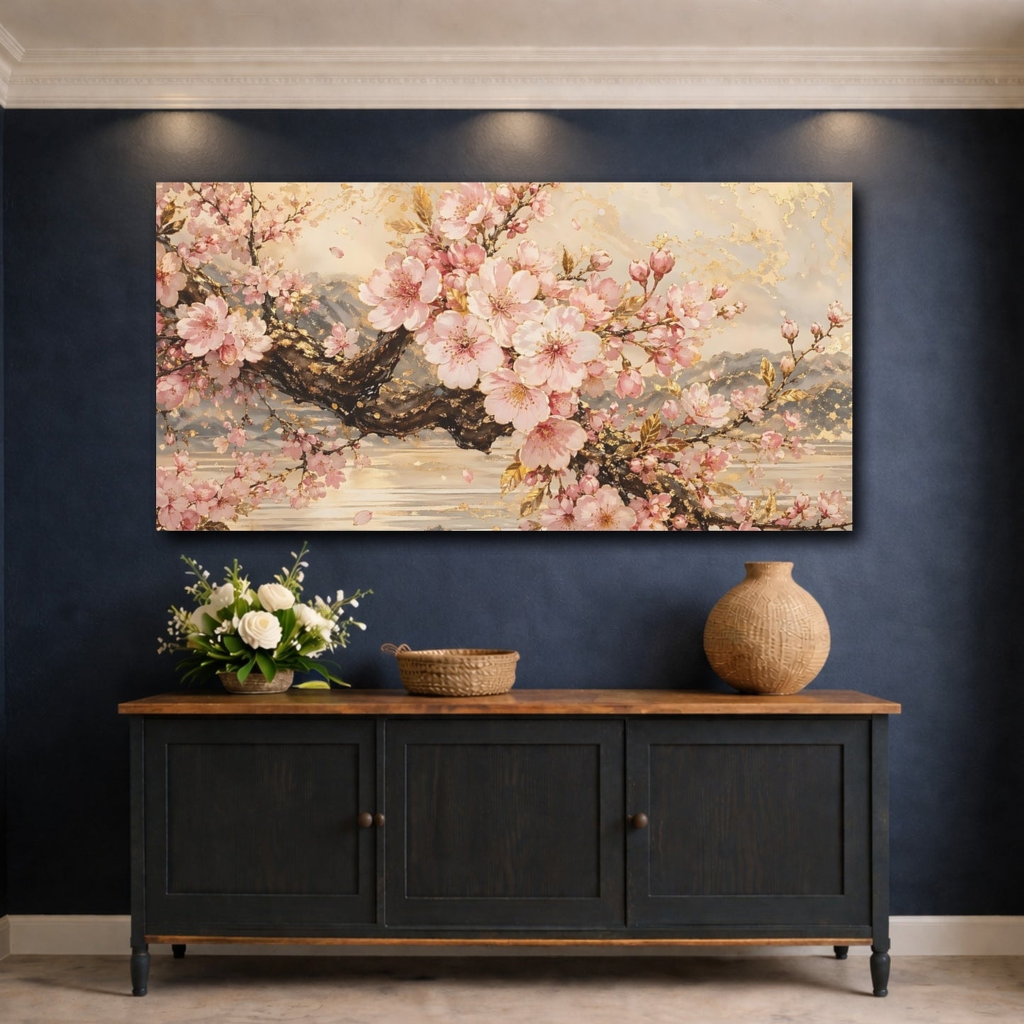 Mockup 4. Floral Cherry Blossoms Pink Gold Floral shown as stretched canvas wall art