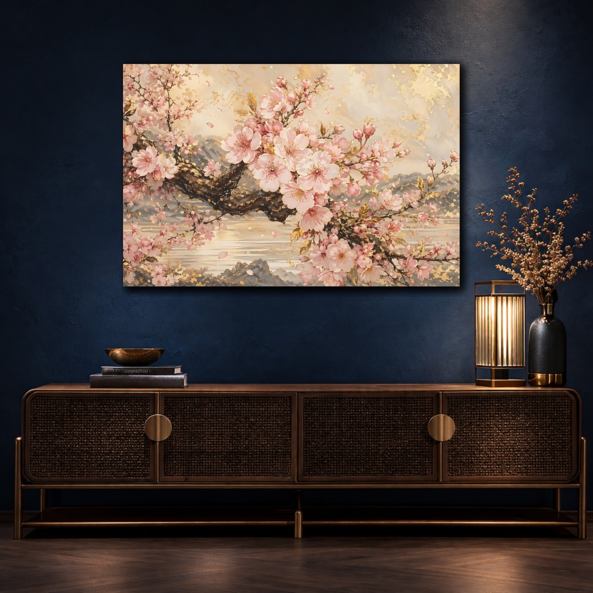 Mockup 4. Floral Cherry Blossoms Pink Gold Floral shown as stretched canvas wall art