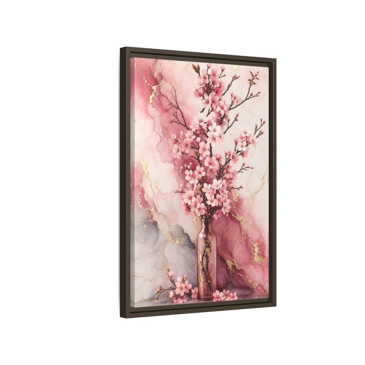 Floral Cherry Blossoms Pink Gold Marble Framed Canvas Print – Modern Decor for Living Room, Above Console Table - YesArtYes