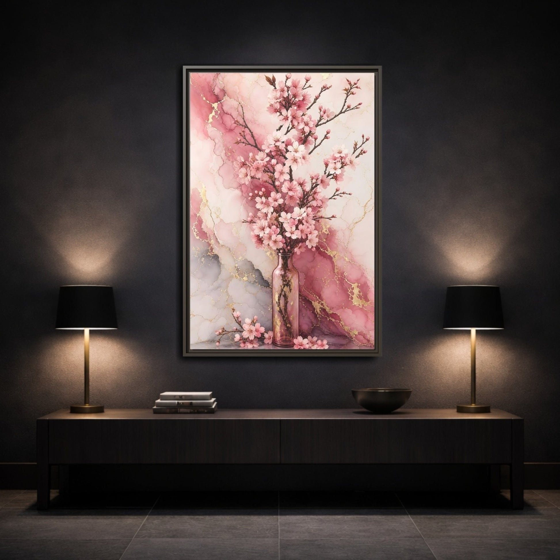 Floral Cherry Blossoms Pink Gold Marble Framed Canvas Print – Modern Decor for Living Room, Above Console Table - YesArtYes