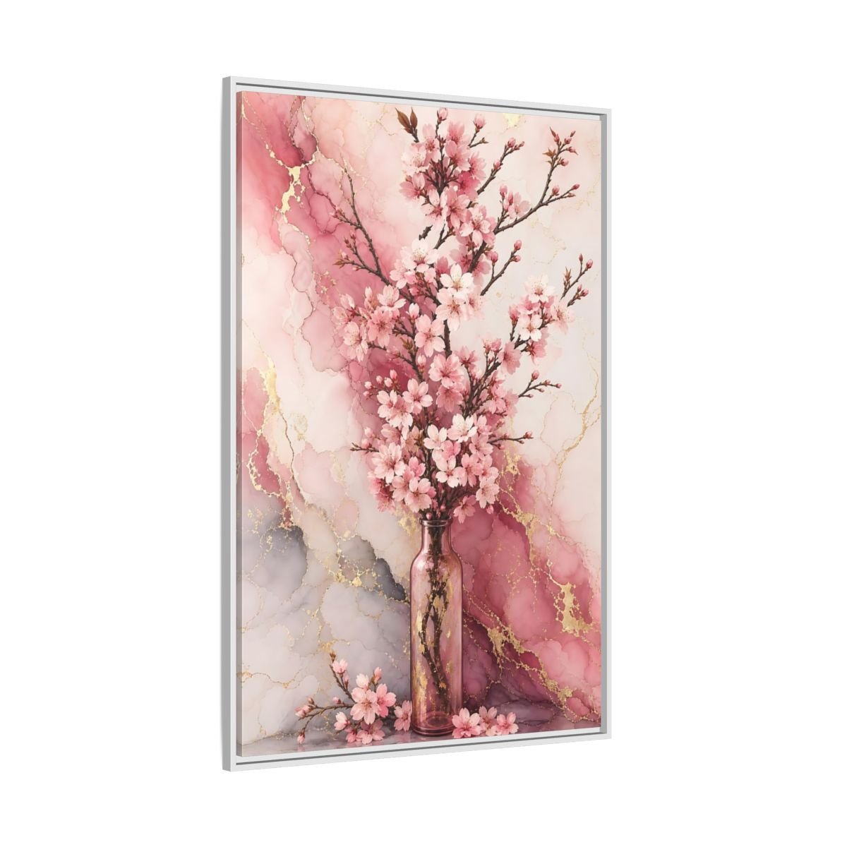 Floral Cherry Blossoms Pink Gold Marble Framed Canvas Print – Modern Decor for Living Room, Above Console Table - YesArtYes