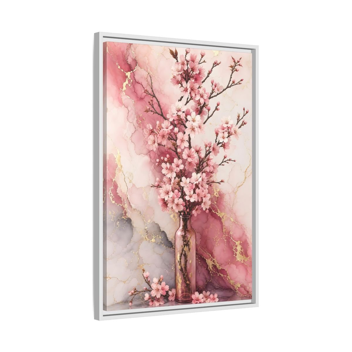 Floral Cherry Blossoms Pink Gold Marble Framed Canvas Print – Modern Decor for Living Room, Above Console Table - YesArtYes