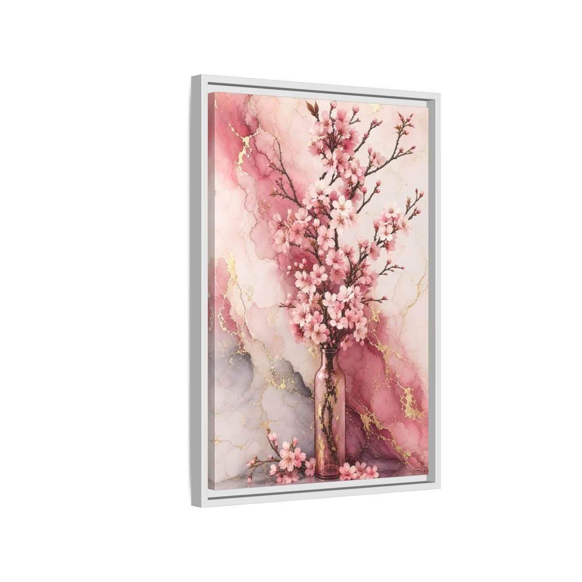 Floral Cherry Blossoms Pink Gold Marble Framed Canvas Print – Modern Decor for Living Room, Above Console Table - YesArtYes