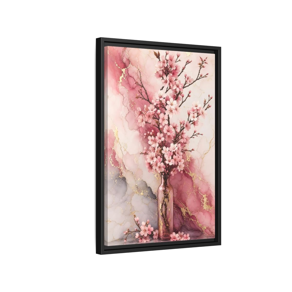 Floral Cherry Blossoms Pink Gold Marble Framed Canvas Print – Modern Decor for Living Room, Above Console Table - YesArtYes