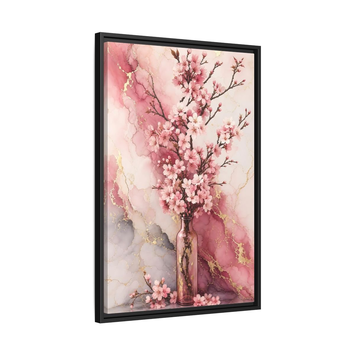 Floral Cherry Blossoms Pink Gold Marble Framed Canvas Print – Modern Decor for Living Room, Above Console Table - YesArtYes