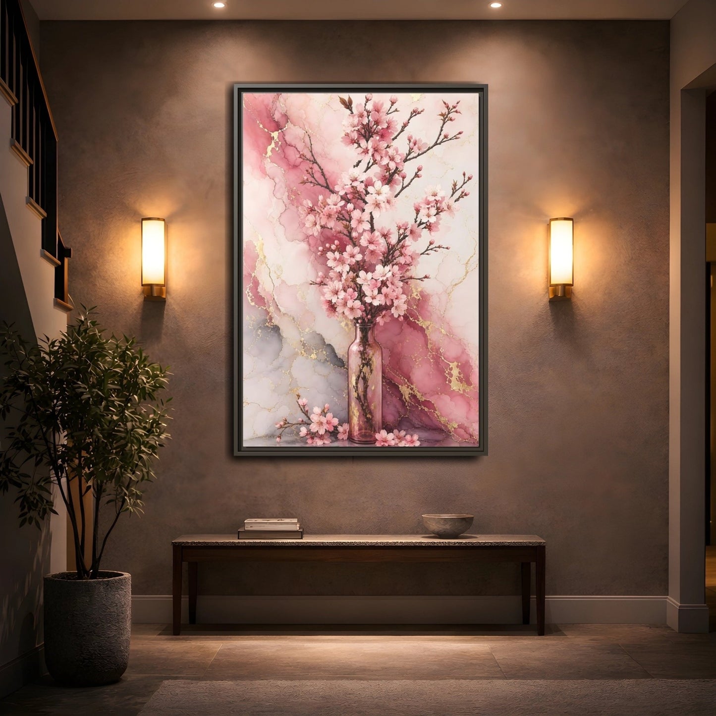 Floral Cherry Blossoms Pink Gold Marble Framed Canvas Print – Modern Decor for Living Room, Above Console Table - YesArtYes