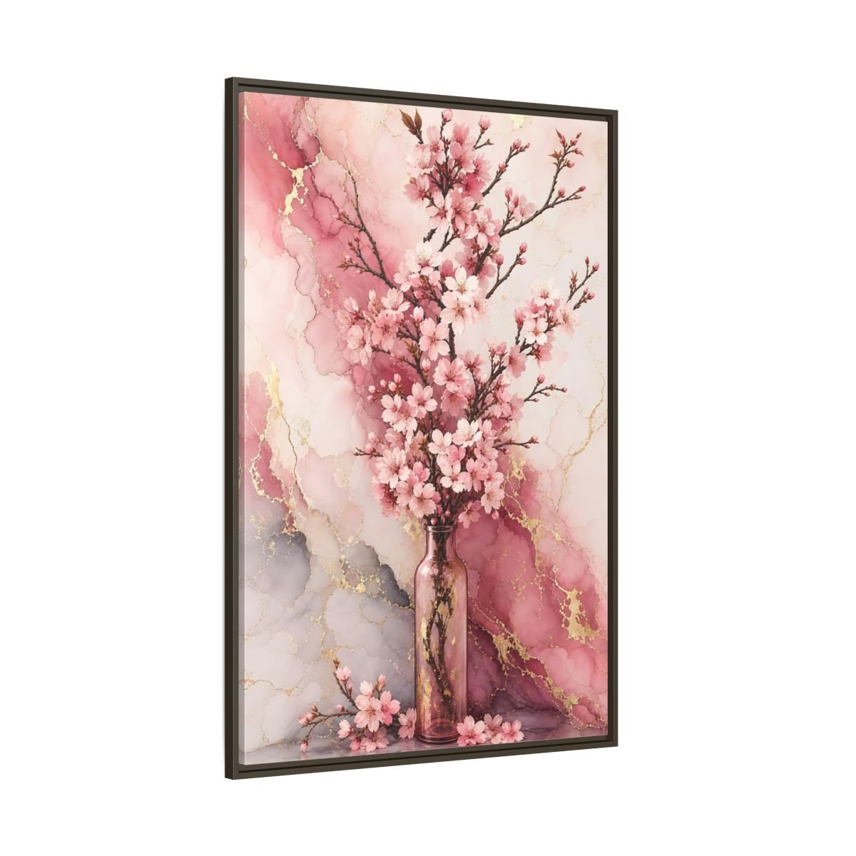 Floral Cherry Blossoms Pink Gold Marble Framed Canvas Print – Modern Decor for Living Room, Above Console Table - YesArtYes