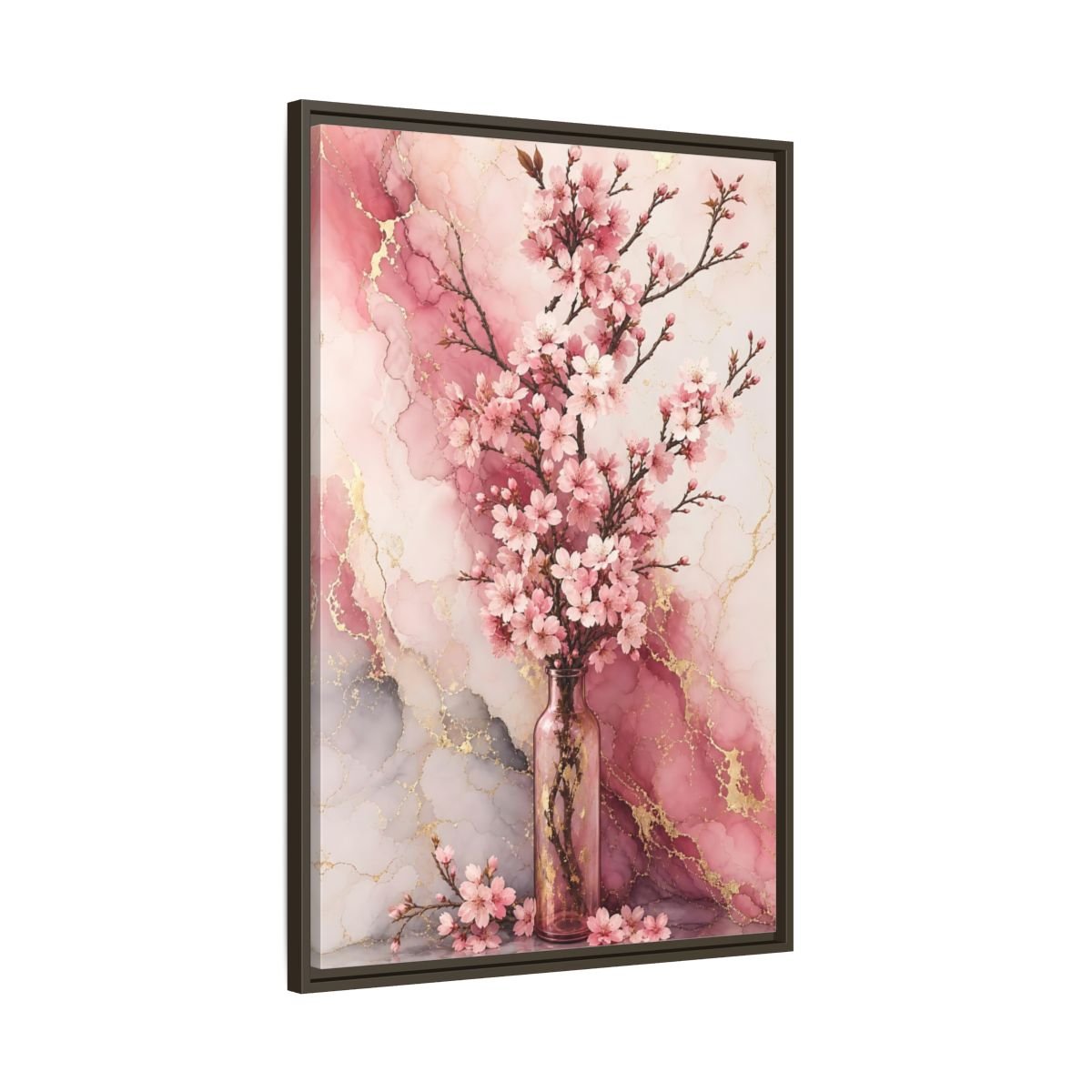 Floral Cherry Blossoms Pink Gold Marble Framed Canvas Print – Modern Decor for Living Room, Above Console Table - YesArtYes