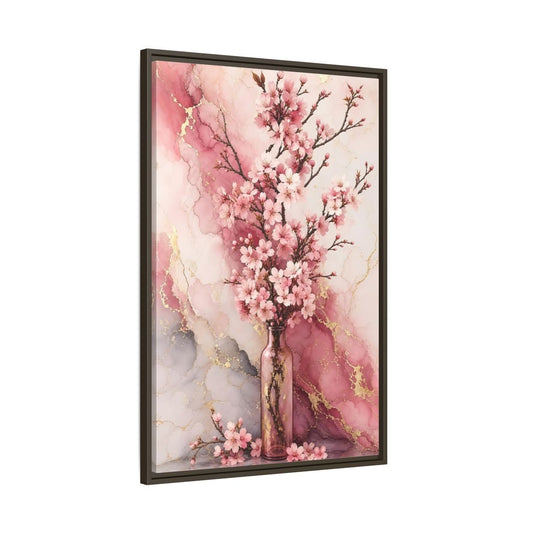 Floral Cherry Blossoms Pink Gold Marble Framed Canvas Print – Modern Decor for Living Room, Above Console Table - YesArtYes