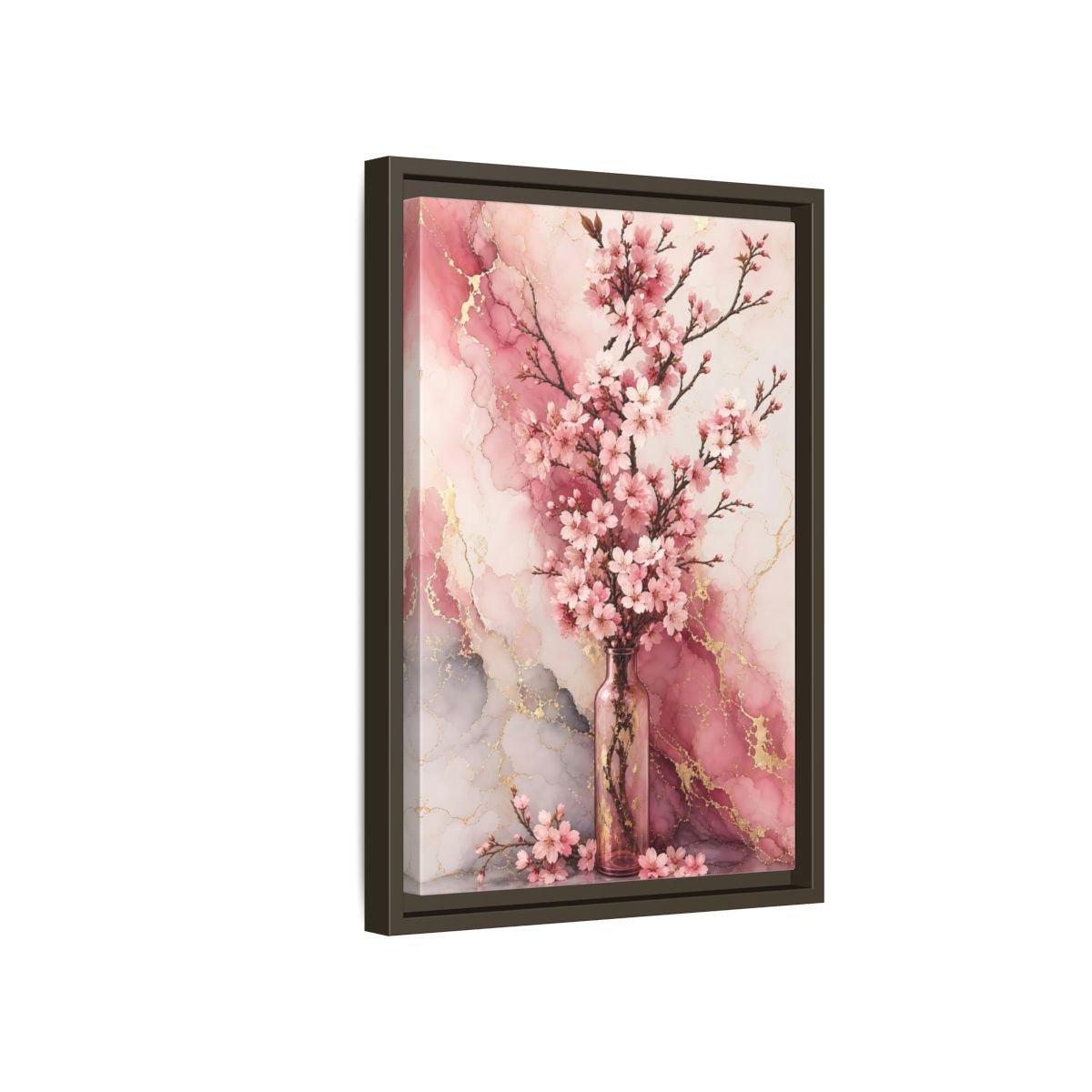 Floral Cherry Blossoms Pink Gold Marble Framed Canvas Print – Modern Decor for Living Room, Above Console Table - YesArtYes