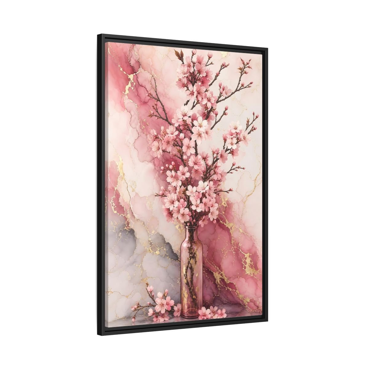 Floral Cherry Blossoms Pink Gold Marble Framed Canvas Print – Modern Decor for Living Room, Above Console Table - YesArtYes
