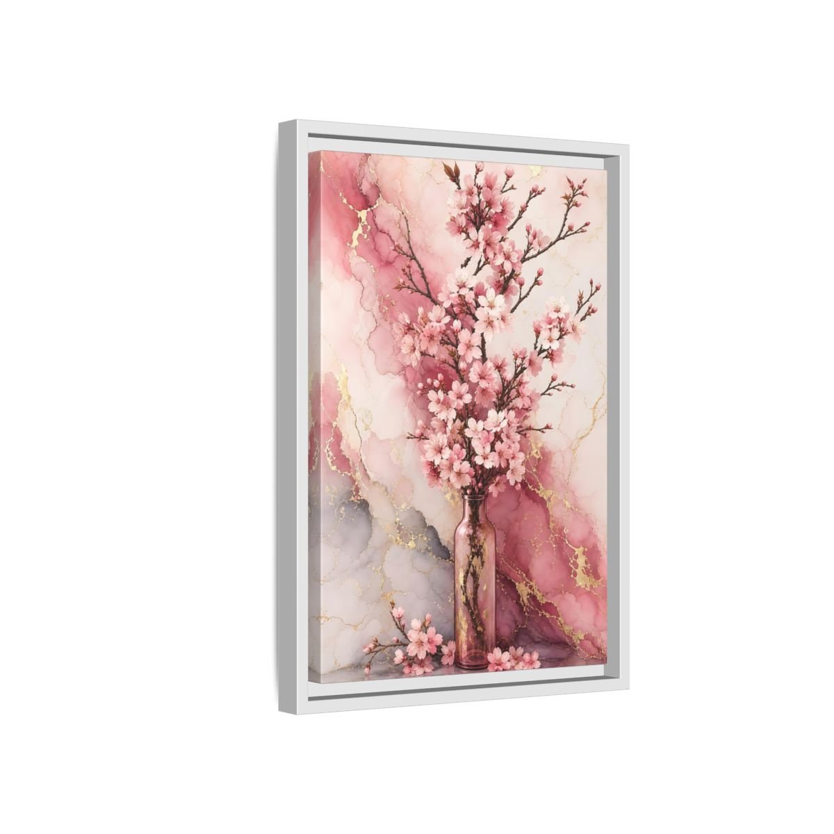 Floral Cherry Blossoms Pink Gold Marble Framed Canvas Print – Modern Decor for Living Room, Above Console Table - YesArtYes
