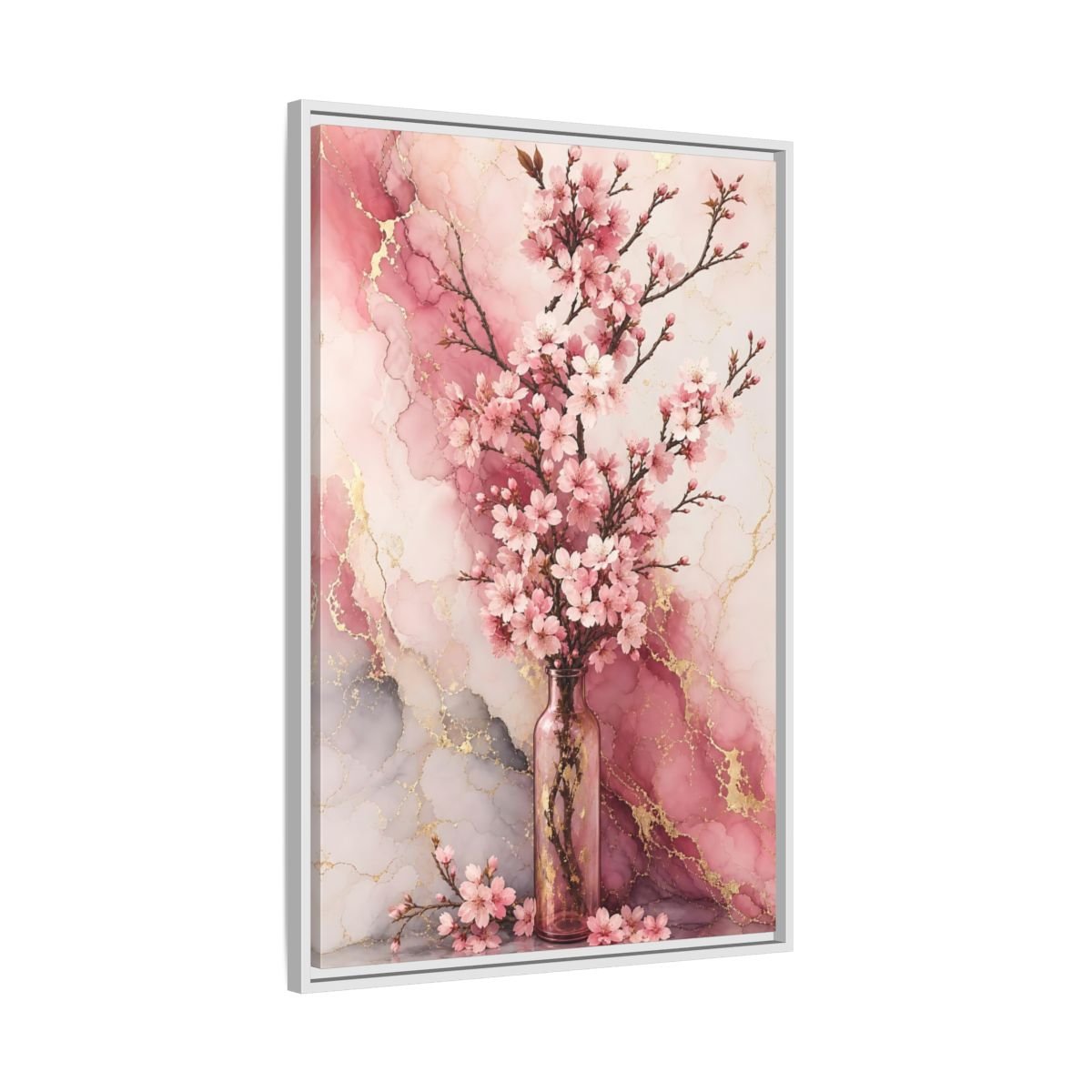 Floral Cherry Blossoms Pink Gold Marble Framed Canvas Print – Modern Decor for Living Room, Above Console Table - YesArtYes