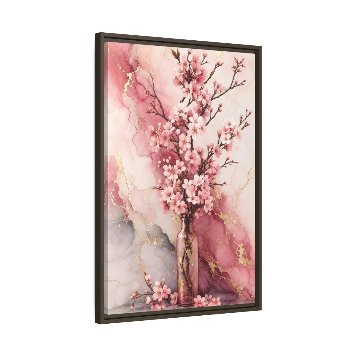 Floral Cherry Blossoms Pink Gold Marble Framed Canvas Print – Modern Decor for Living Room, Above Console Table - YesArtYes