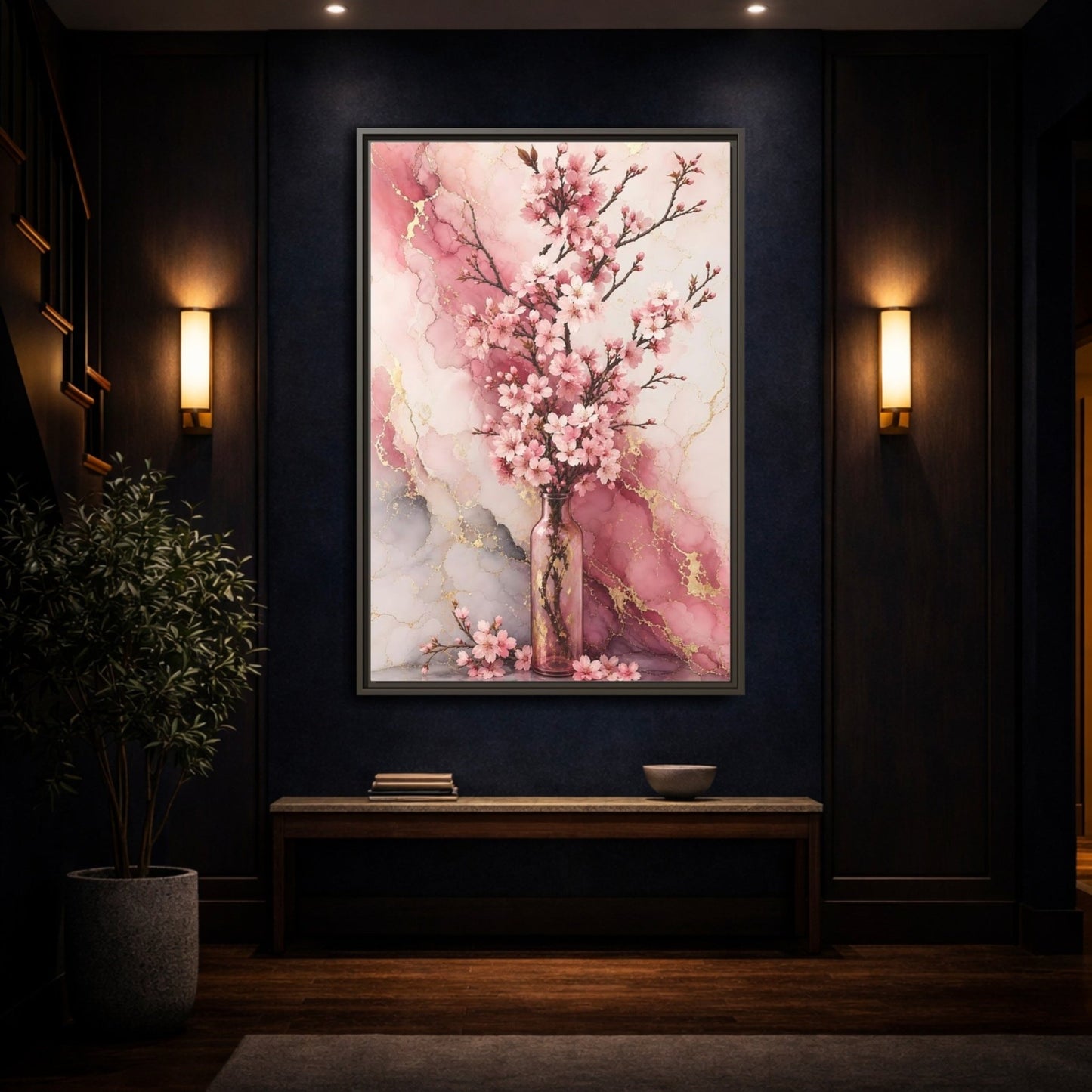 Floral Cherry Blossoms Pink Gold Marble Framed Canvas Print – Modern Decor for Living Room, Above Console Table - YesArtYes