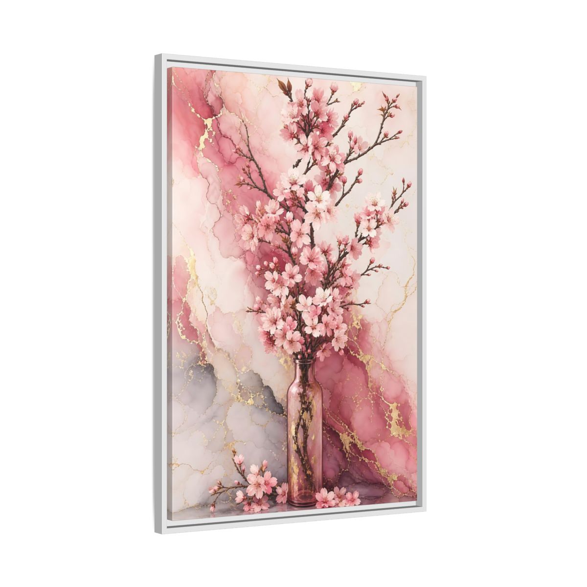Side Mockup 9. Floral Cherry Blossoms Pink Gold Marble shown as framed canvas print