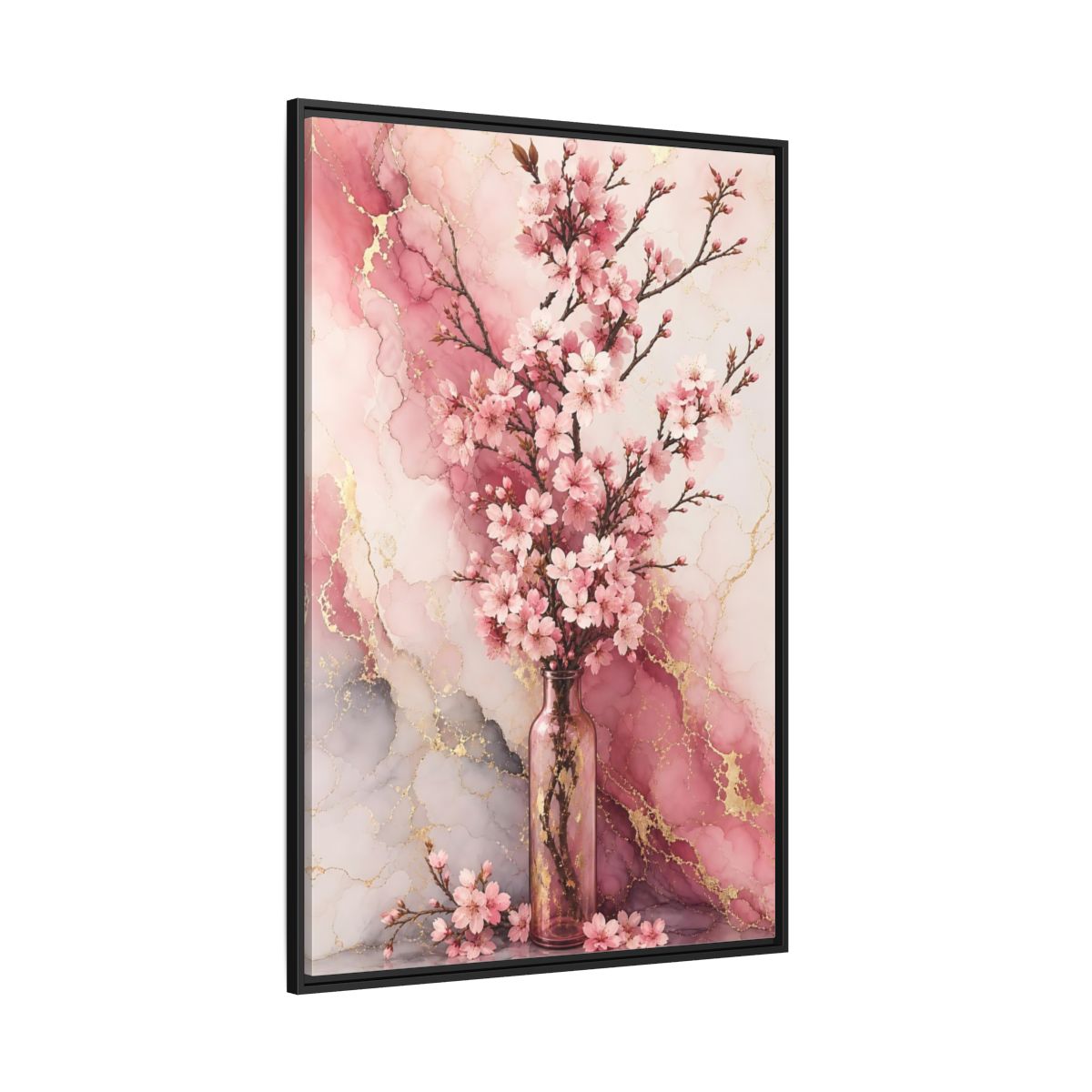 Side Mockup 12. Floral Cherry Blossoms Pink Gold Marble shown as framed canvas print