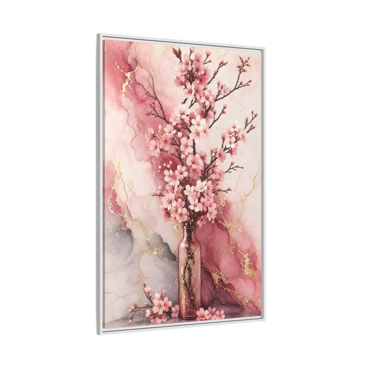 Side Mockup 7. Floral Cherry Blossoms Pink Gold Marble shown as framed canvas print