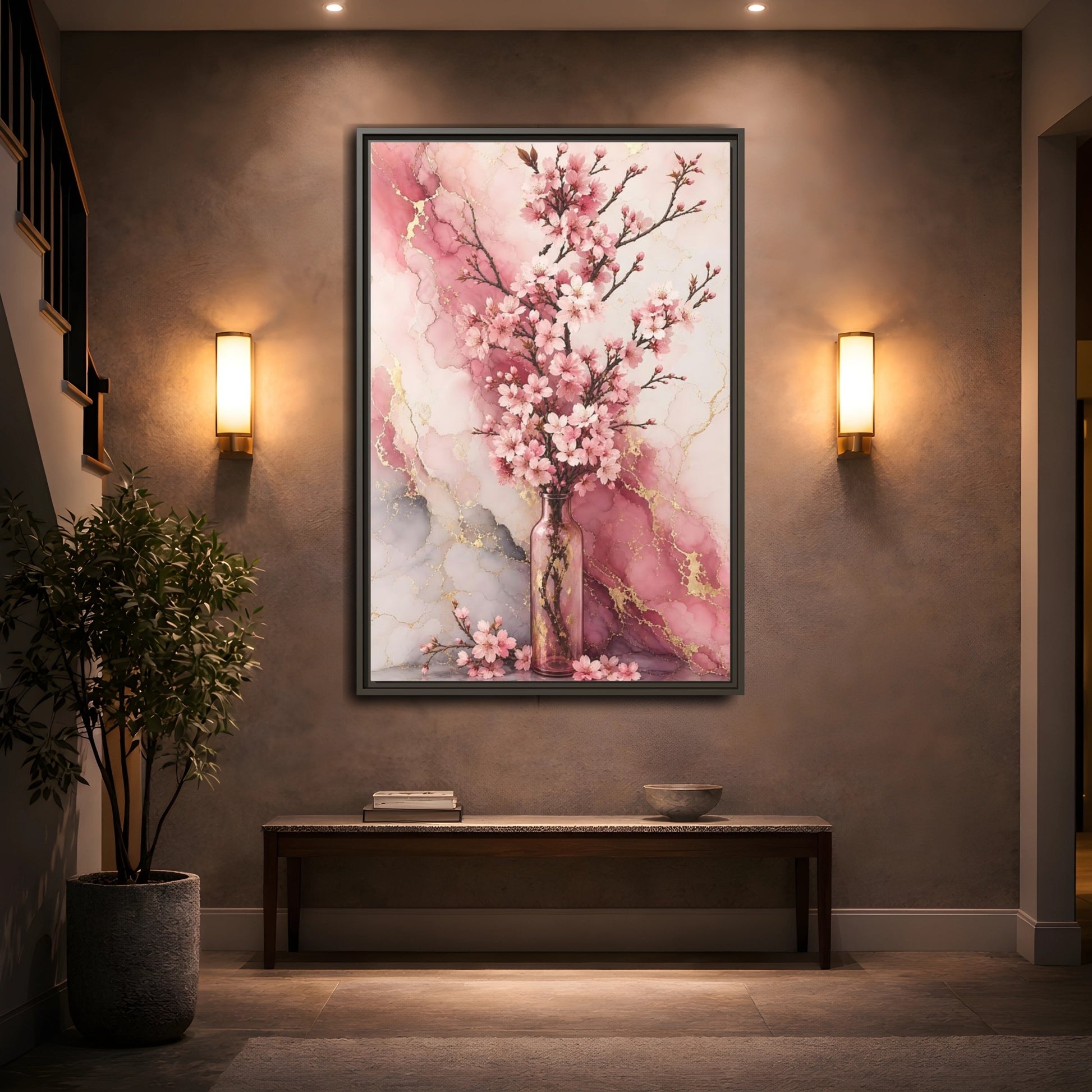 Mockup 2. Floral Cherry Blossoms Pink Gold Marble shown as framed canvas print