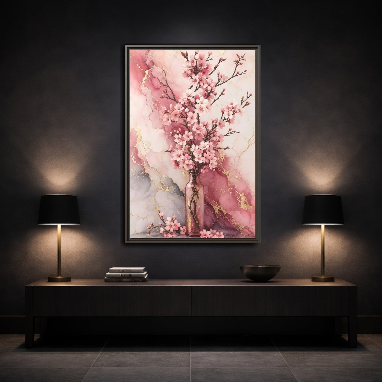 Mockup 3. Floral Cherry Blossoms Pink Gold Marble shown as framed canvas print