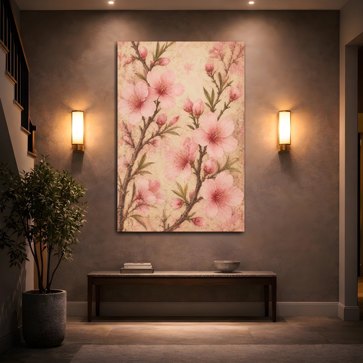 Mockup 2. Floral Cherry Blossoms Pink Vintage Floral shown as canvas print