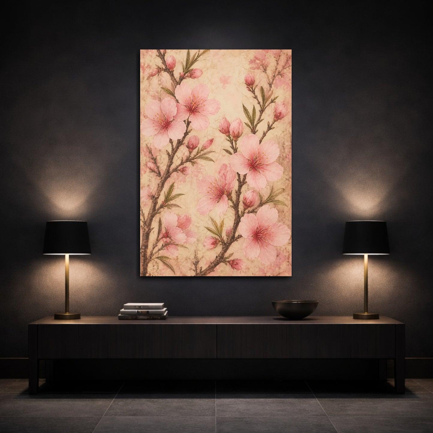 Mockup 3. Floral Cherry Blossoms Pink Vintage Floral shown as canvas print