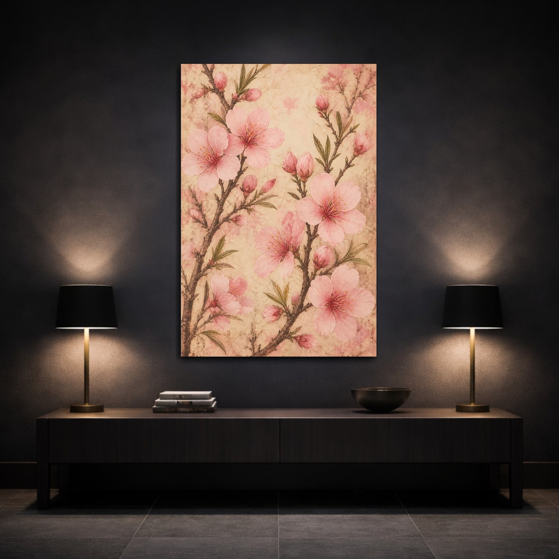 Mockup 3. Floral Cherry Blossoms Pink Vintage Floral shown as canvas print