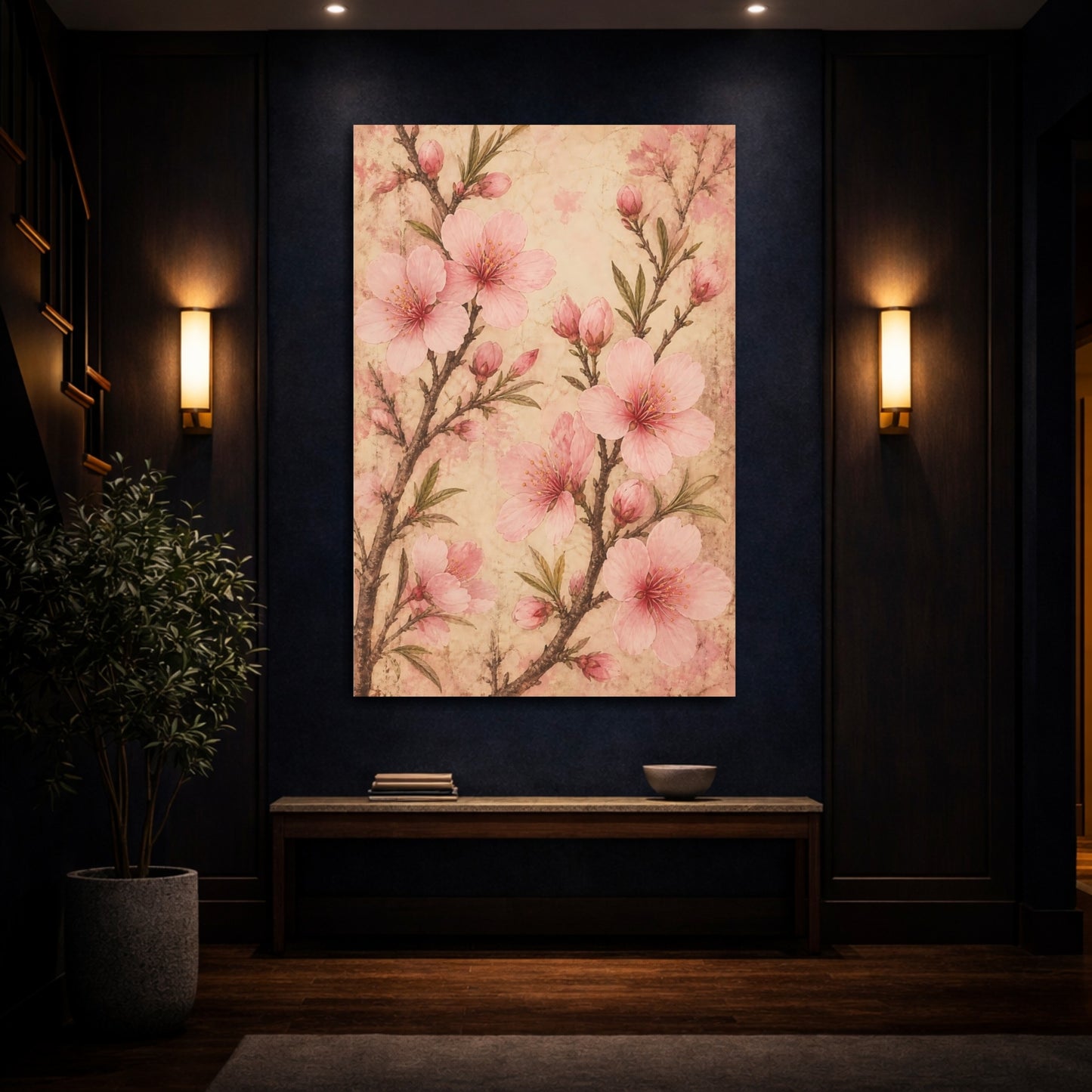 Mockup 4. Floral Cherry Blossoms Pink Vintage Floral shown as canvas print