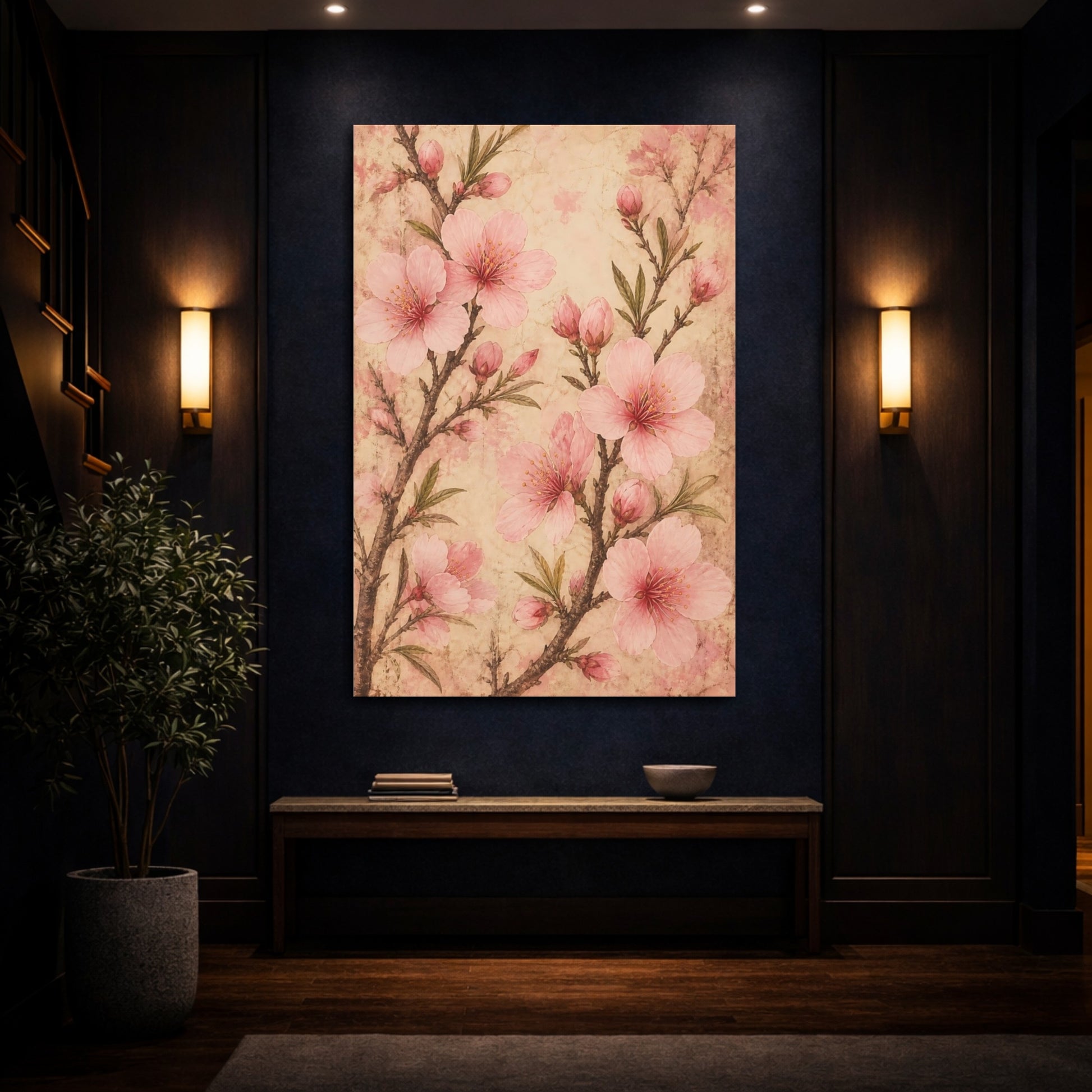 Mockup 4. Floral Cherry Blossoms Pink Vintage Floral shown as canvas print
