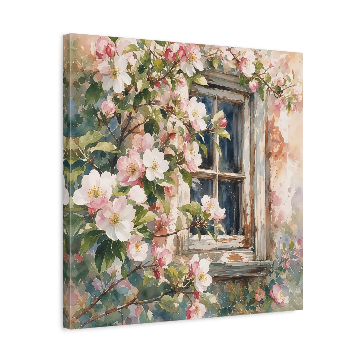 Side Mockup 5. Floral Cherry Blossoms Pink Floral Window shown as stretched canvas wall art