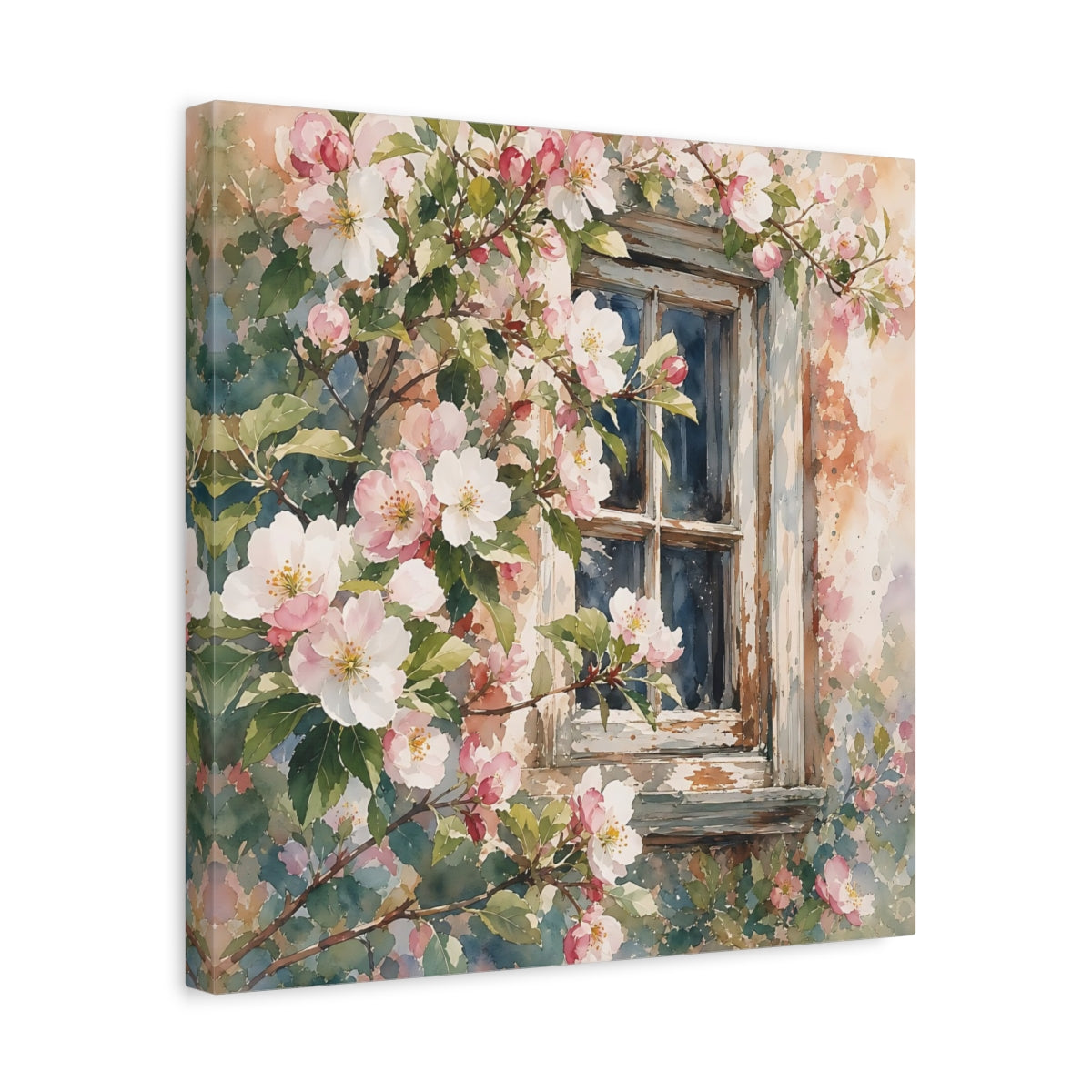 Side Mockup 6. Floral Cherry Blossoms Pink Floral Window shown as stretched canvas wall art