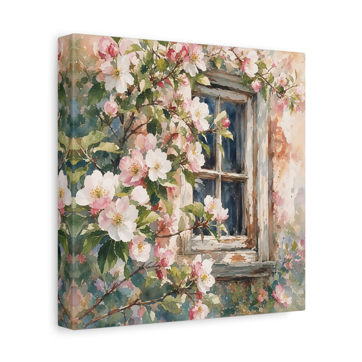 Side Mockup 9. Floral Cherry Blossoms Pink Floral Window shown as stretched canvas wall art