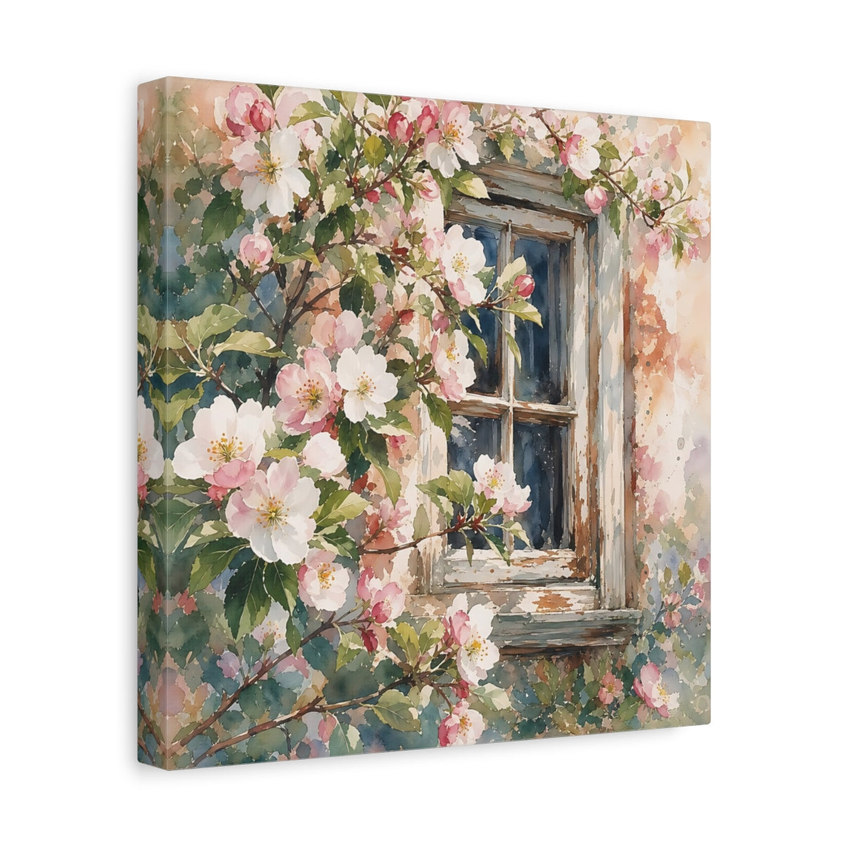 Side Mockup 8. Floral Cherry Blossoms Pink Floral Window shown as stretched canvas wall art